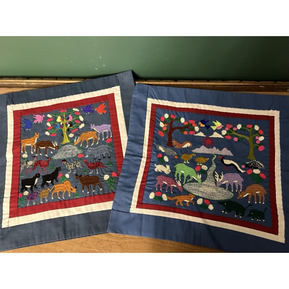 Set Of 2 handmade Embroidered Hmong "story cloths" or "Paj Ntaub" Pillowcases